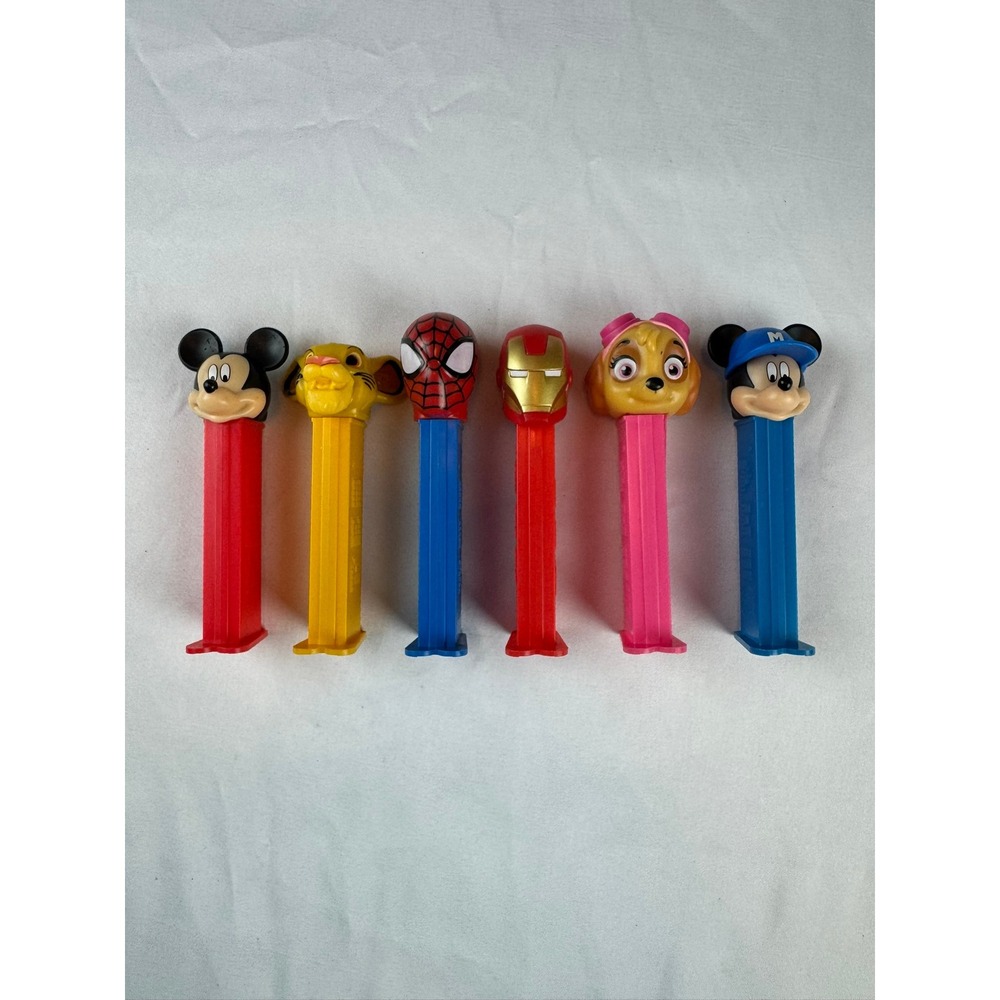 Lot of 6 PEZ Dispensers Mickey Mouse Spider-Man Iron Man Simba Skye Paw Patrol